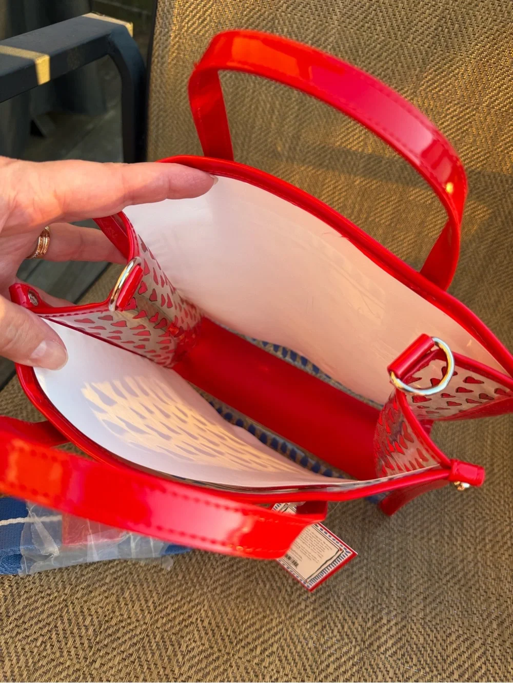 BRIGHTON STRIPED LOVE CLEAR TOTE  Red trim w/Blue Canvas removable strap NWT